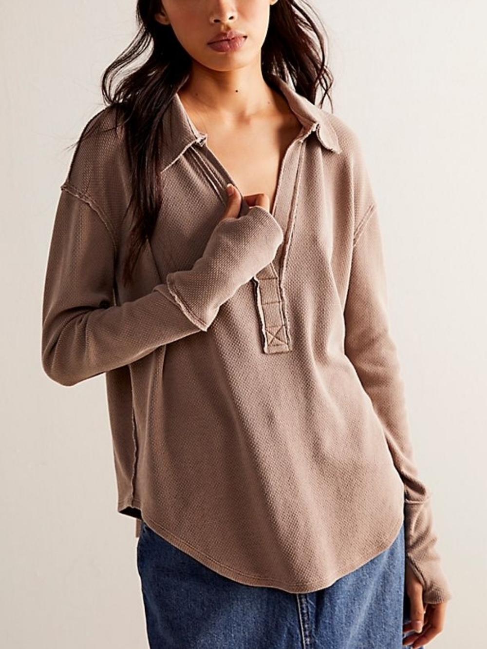 Free People We The Free Anakin Brown V Neck Thermal Long Sleeve Top